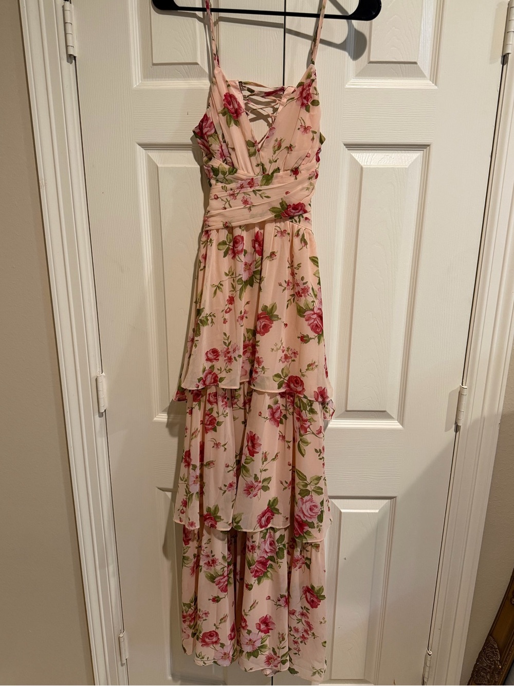 Pink Floral Tiered High-Low Maxi Dress with Spaghetti Straps